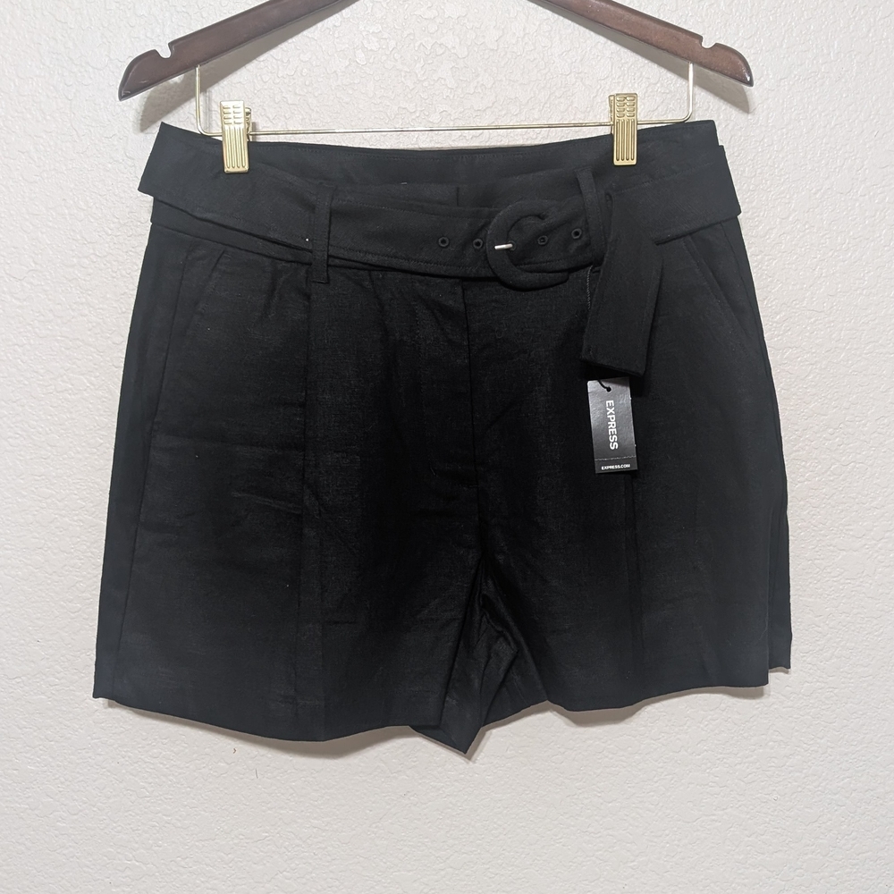 Express  High-Waisted Black Linen Rayon Belted Shorts NWT